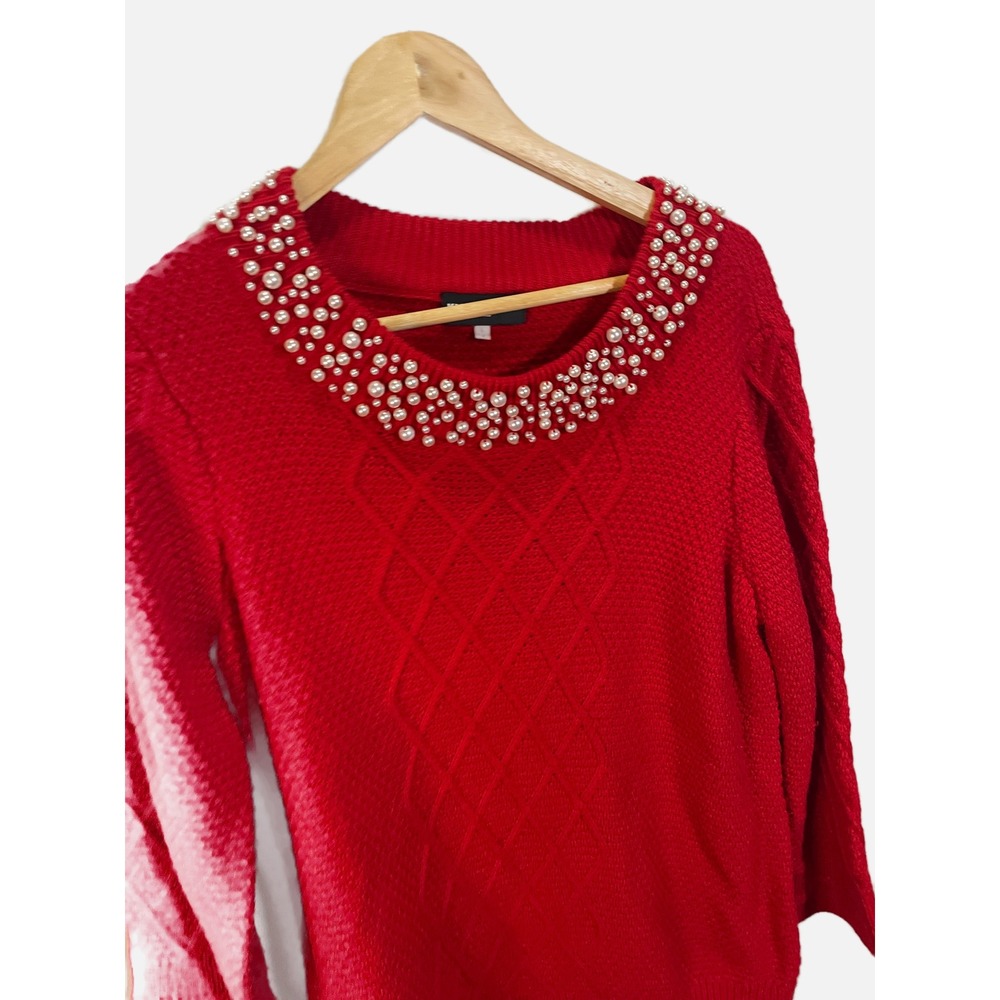 Karl Lagerfeld Paris Sweater Womens Large Red Pearl Neck Cable Knit Holiday Luxe